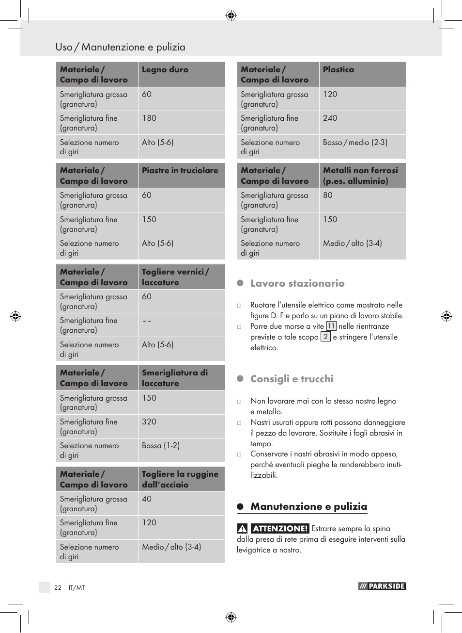Uso / manutenzione e pulizia, Lavoro stazionario, Consigli e trucchi | Manutenzione e pulizia | Parkside PBS 600 A1 User Manual | Page 22 / 55