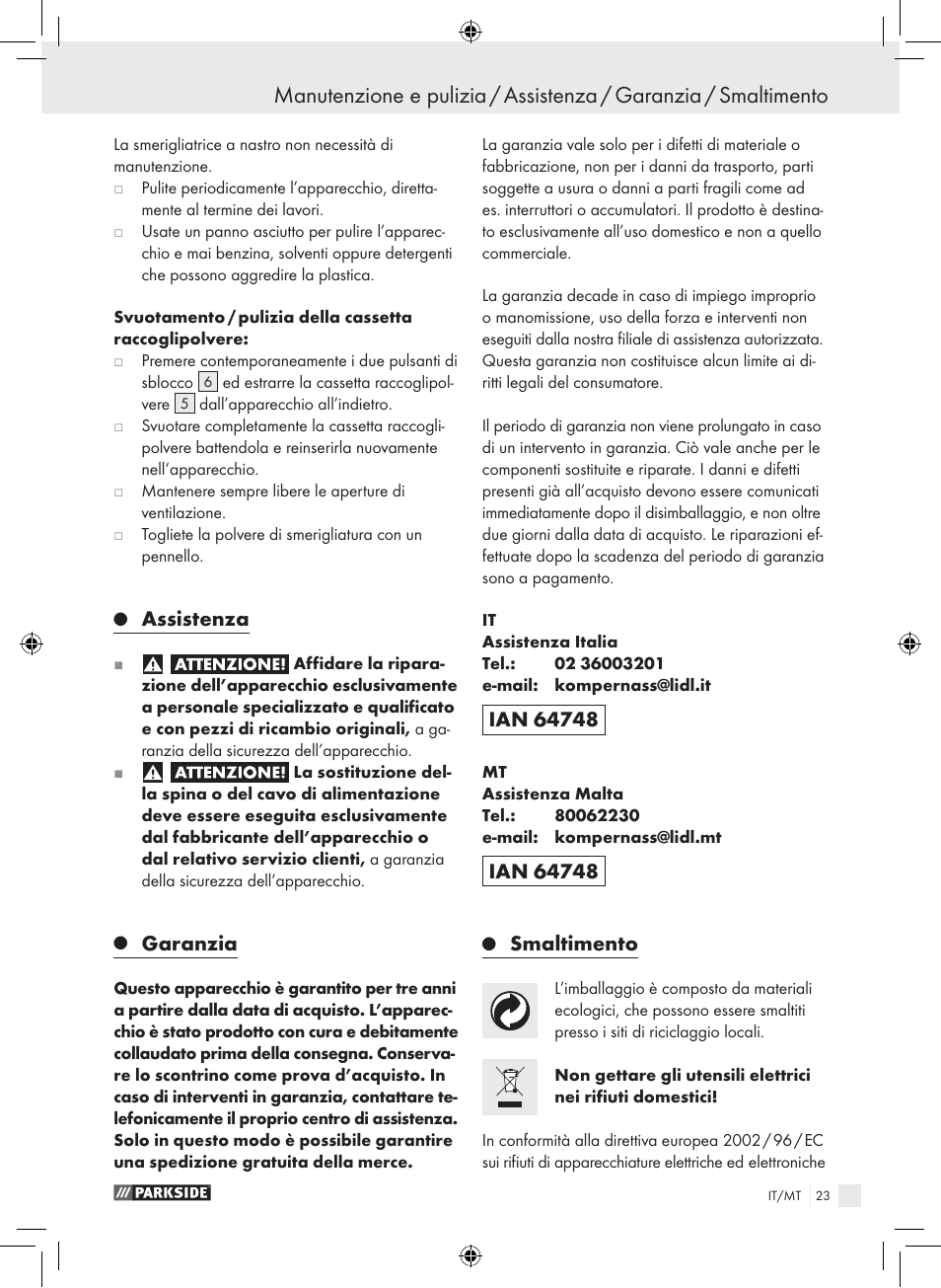 Assistenza, Garanzia, Smaltimento | Parkside PBS 600 A1 User Manual | Page 23 / 55