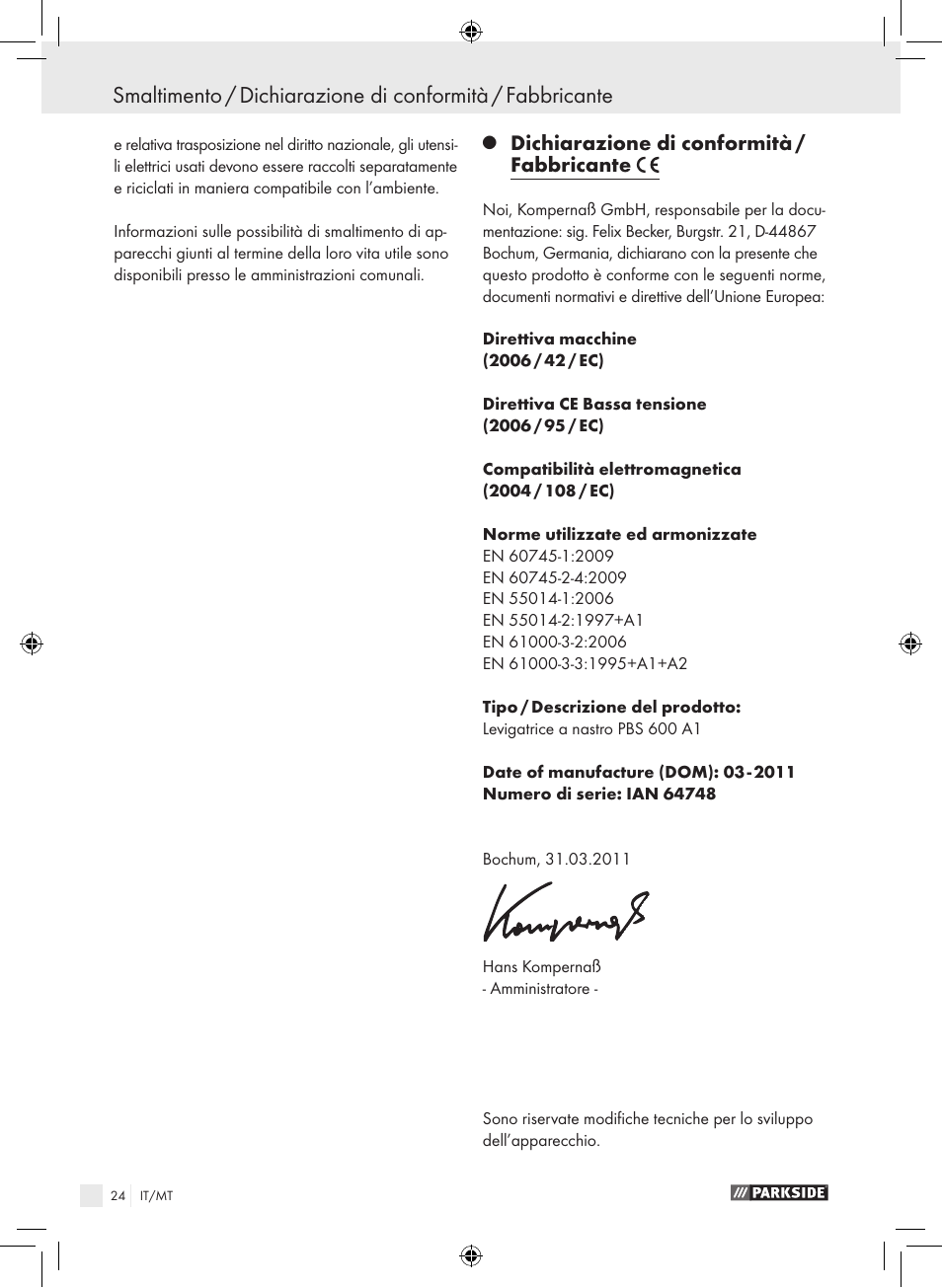 Dichiarazione di conformità / fabbricante | Parkside PBS 600 A1 User Manual | Page 24 / 55