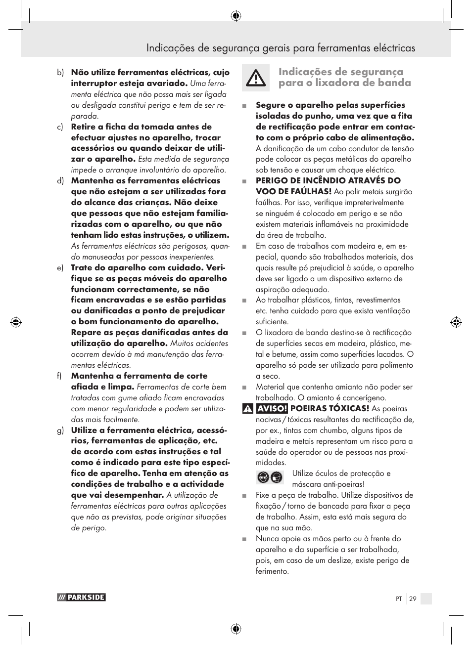 Indicações de segurança para o lixadora de banda | Parkside PBS 600 A1 User Manual | Page 29 / 55