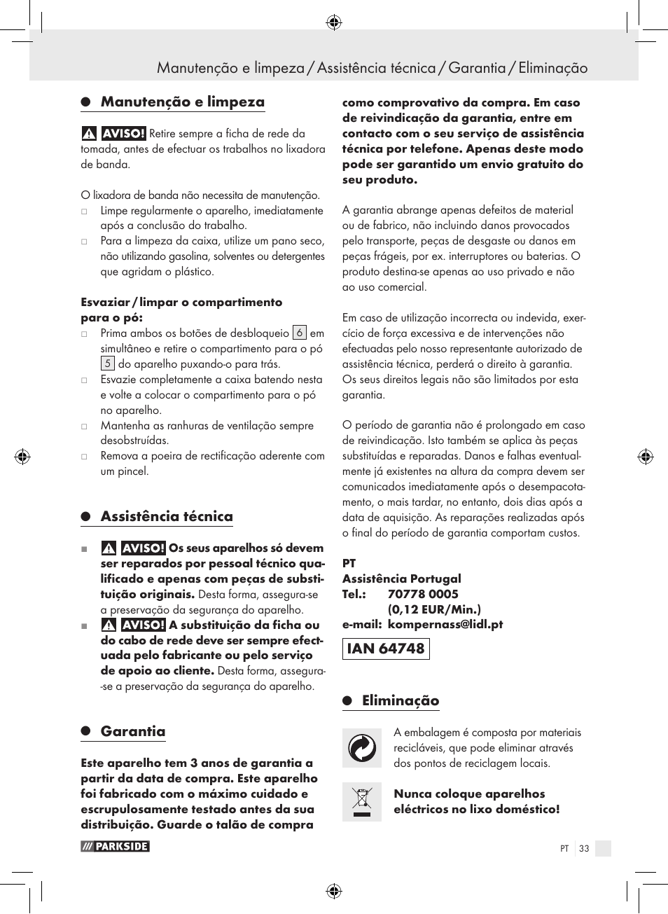 Manutenção e limpeza, Assistência técnica, Garantia | Eliminação | Parkside PBS 600 A1 User Manual | Page 33 / 55