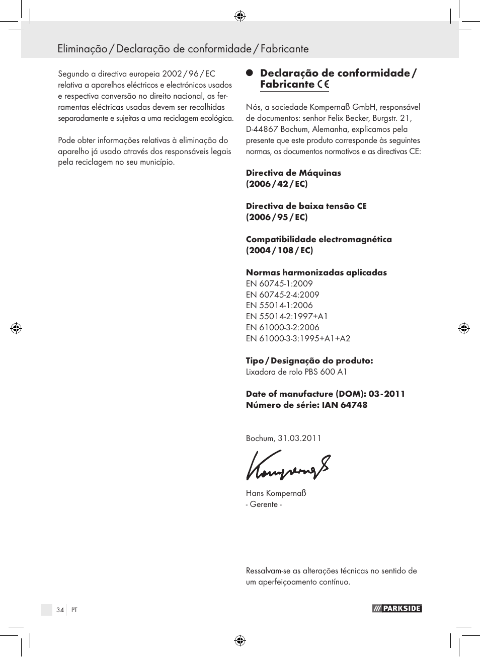 Declaração de conformidade / fabricante | Parkside PBS 600 A1 User Manual | Page 34 / 55