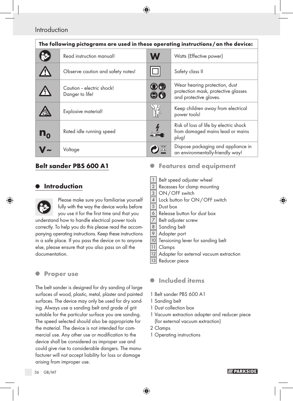 Introduction, Belt sander pbs 600 a1, Proper use | Features and equipment, Included items | Parkside PBS 600 A1 User Manual | Page 36 / 55
