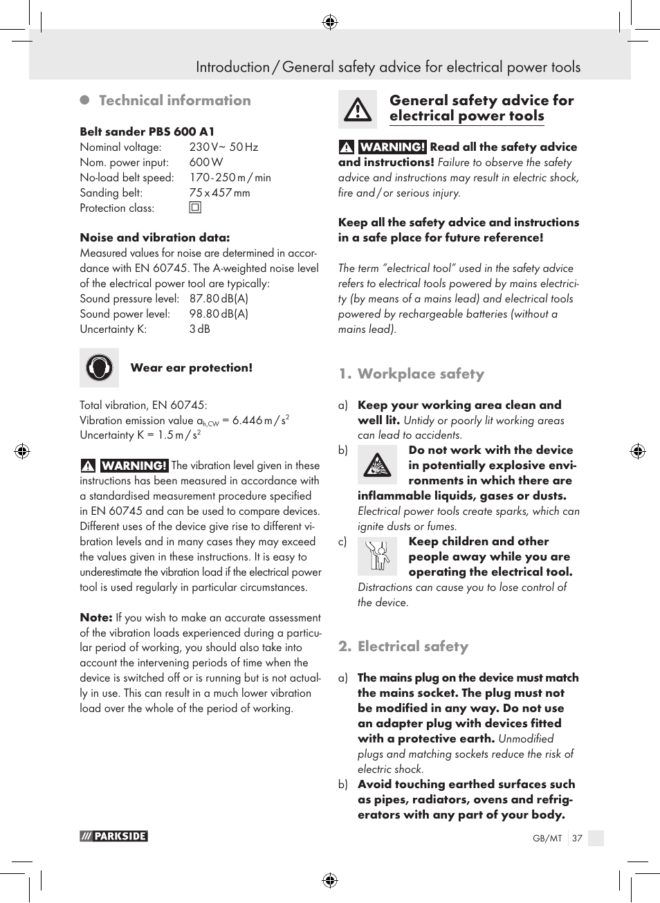 Technical information, General safety advice for electrical power tools, Workplace safety | Electrical safety | Parkside PBS 600 A1 User Manual | Page 37 / 55