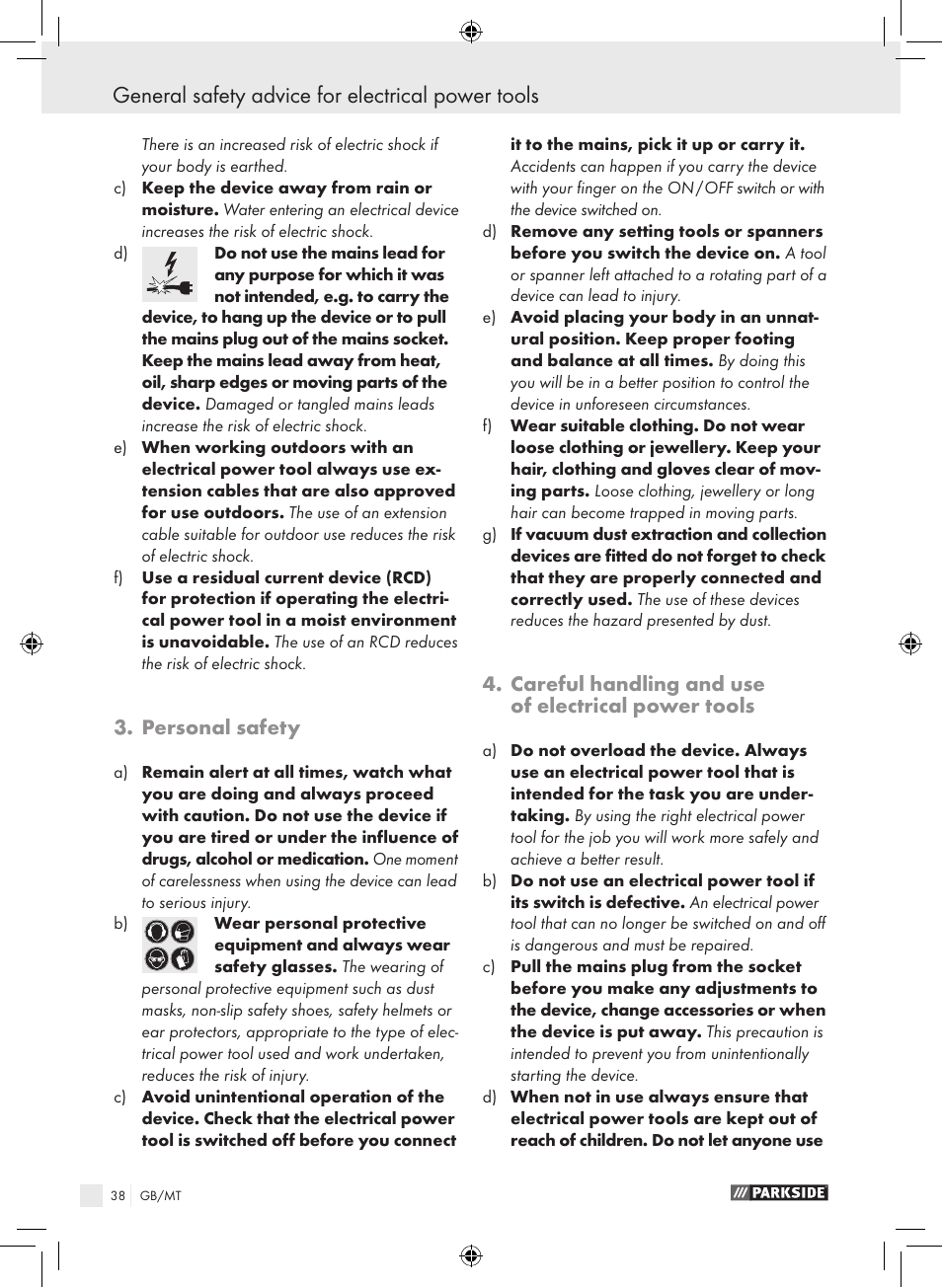 General safety advice for electrical power tools, Personal safety, Careful handling and use of electrical power tools | Parkside PBS 600 A1 User Manual | Page 38 / 55