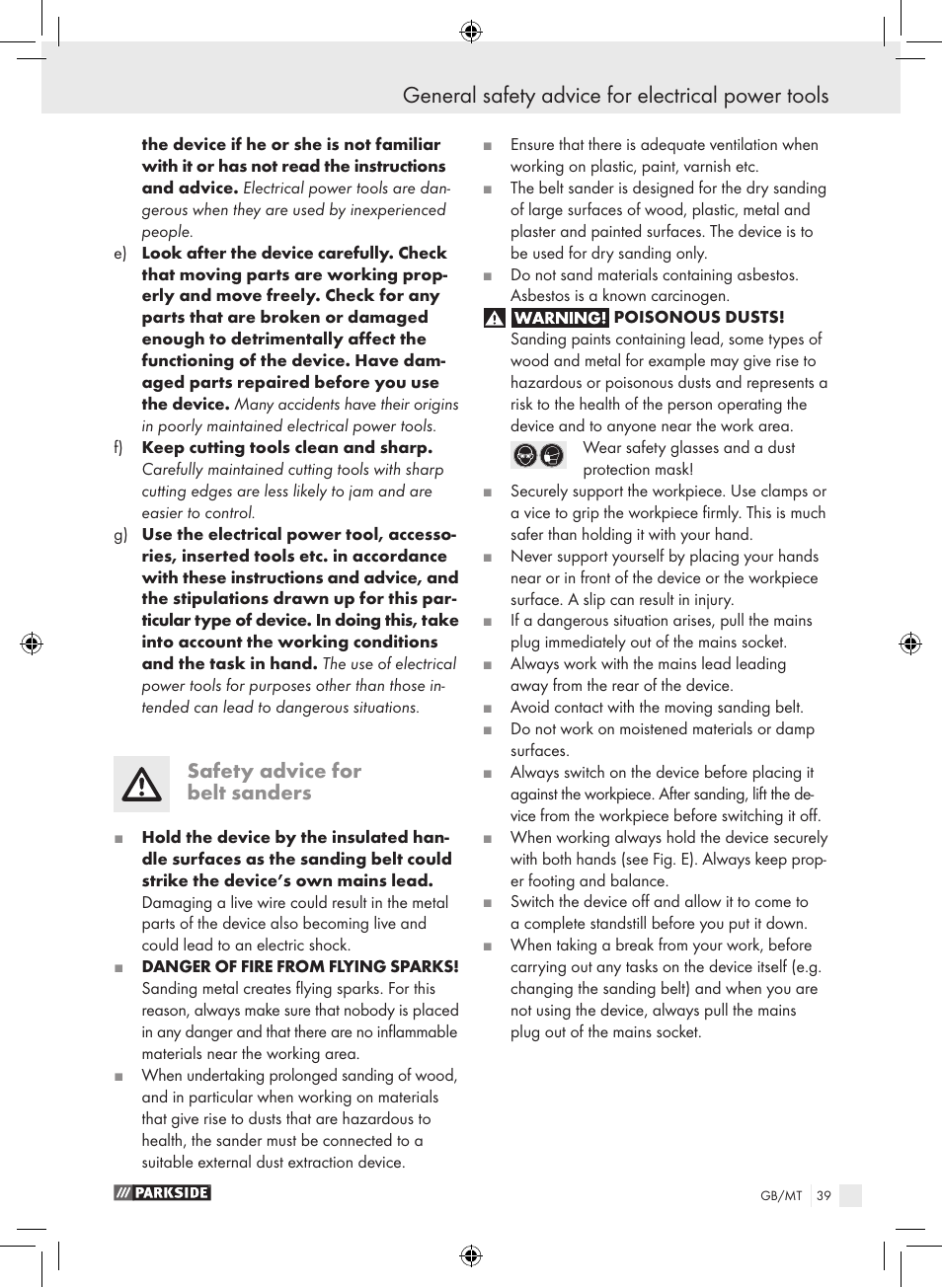 General safety advice for electrical power tools, Safety advice for belt sanders | Parkside PBS 600 A1 User Manual | Page 39 / 55