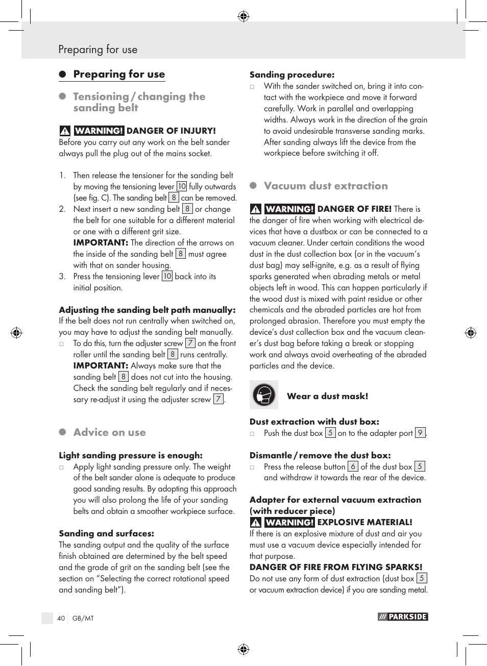 Preparing for use, Tensioning / changing the sanding belt, Advice on use | Vacuum dust extraction | Parkside PBS 600 A1 User Manual | Page 40 / 55