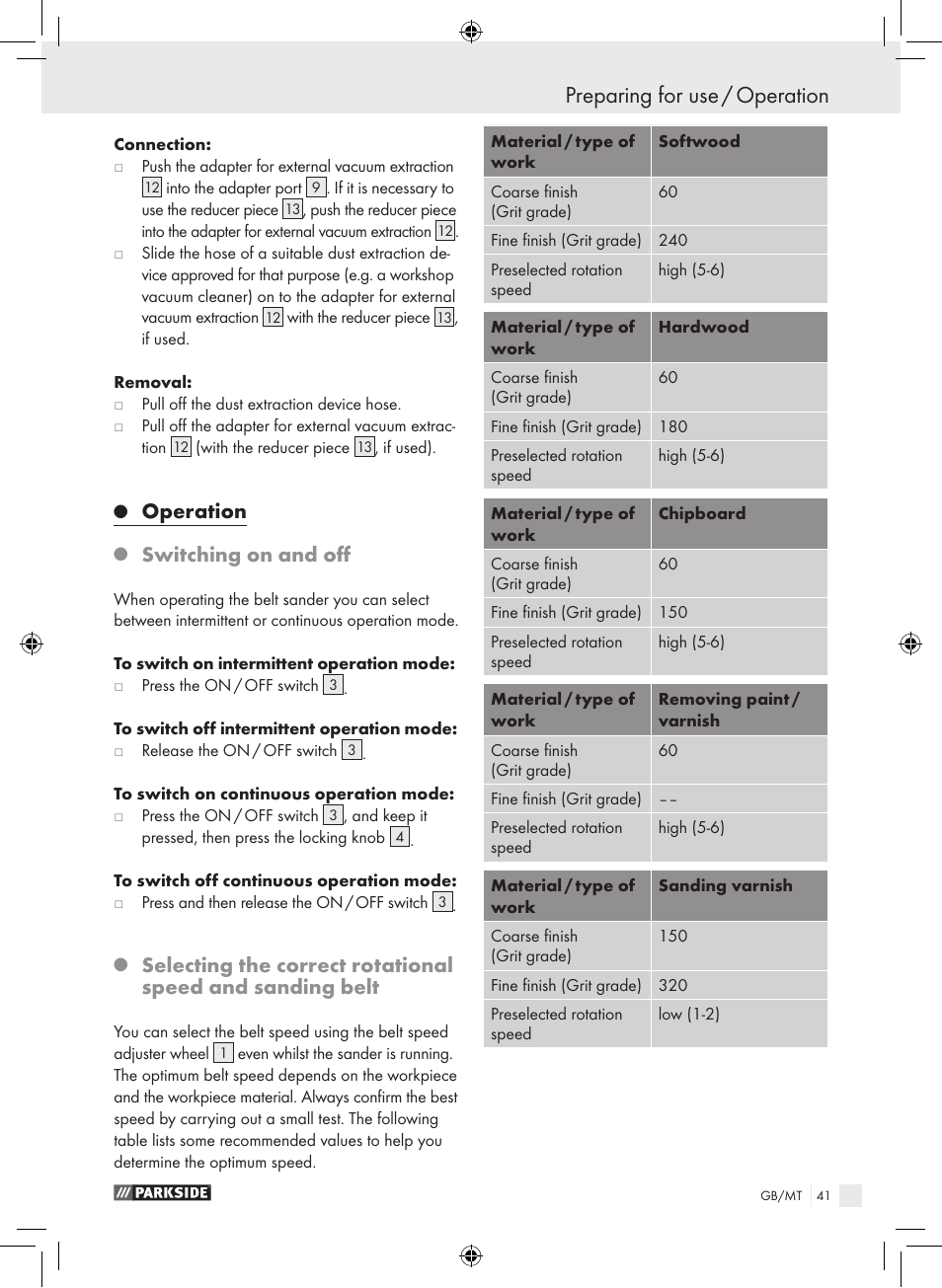 Preparing for use / operation, Operation, Switching on and off | Parkside PBS 600 A1 User Manual | Page 41 / 55