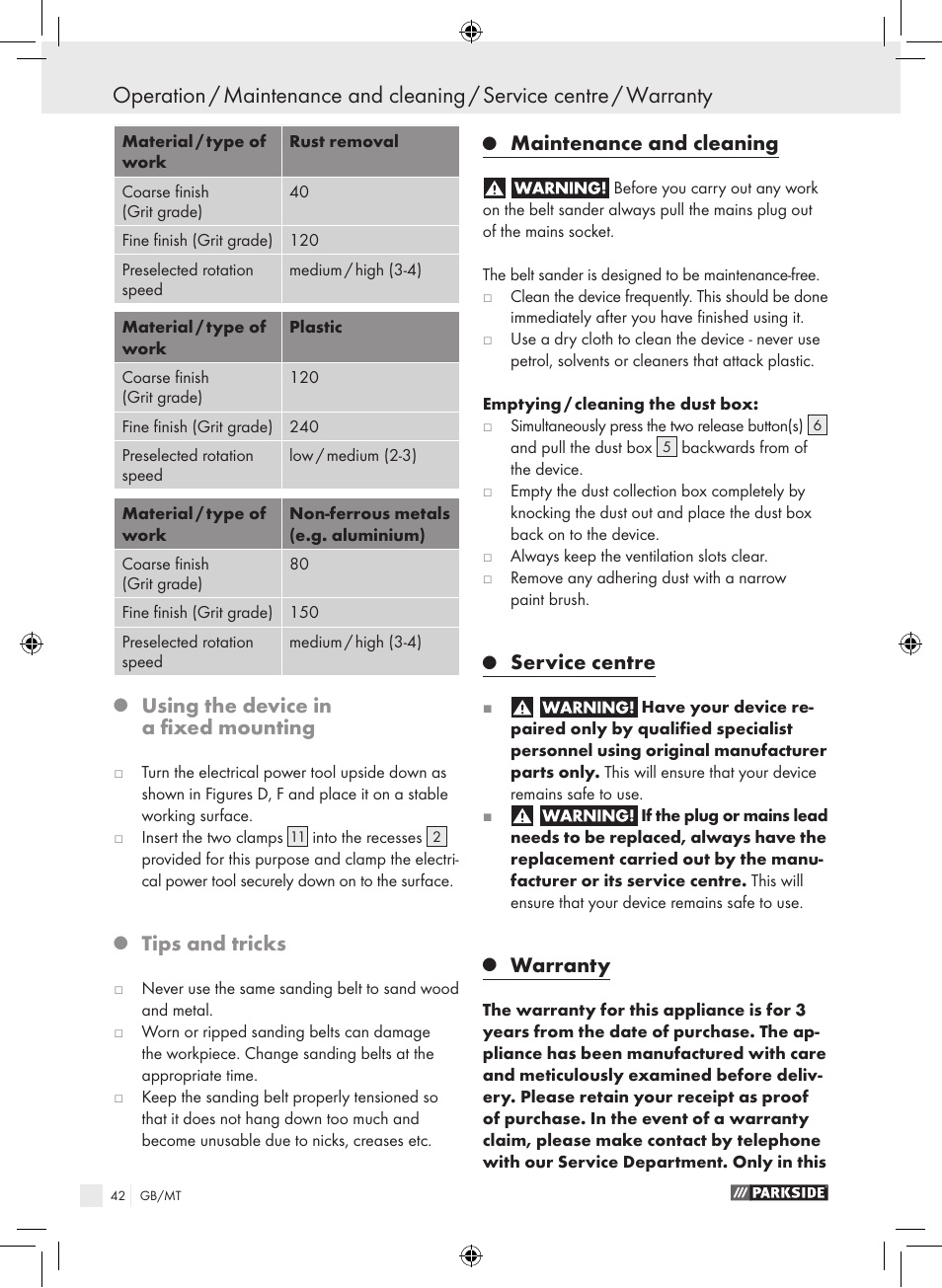 Using the device in a fixed mounting, Tips and tricks, Maintenance and cleaning | Service centre, Warranty | Parkside PBS 600 A1 User Manual | Page 42 / 55