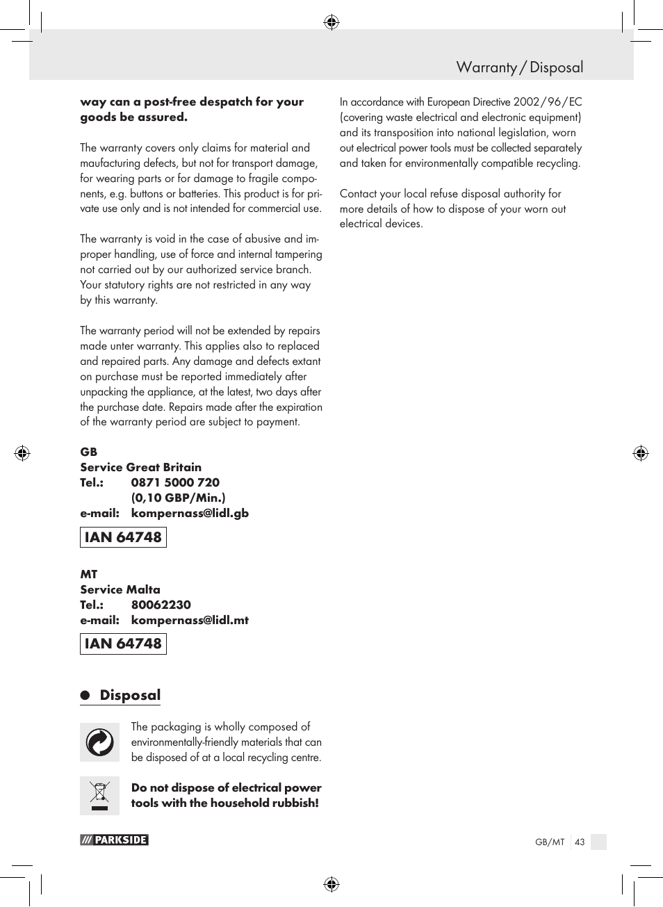 Warranty / disposal, Disposal | Parkside PBS 600 A1 User Manual | Page 43 / 55