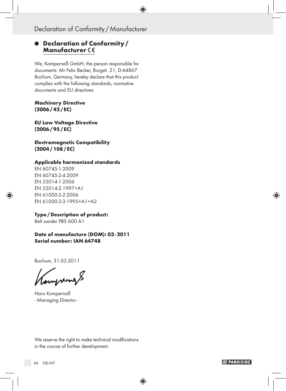 Declaration of conformity / manufacturer | Parkside PBS 600 A1 User Manual | Page 44 / 55
