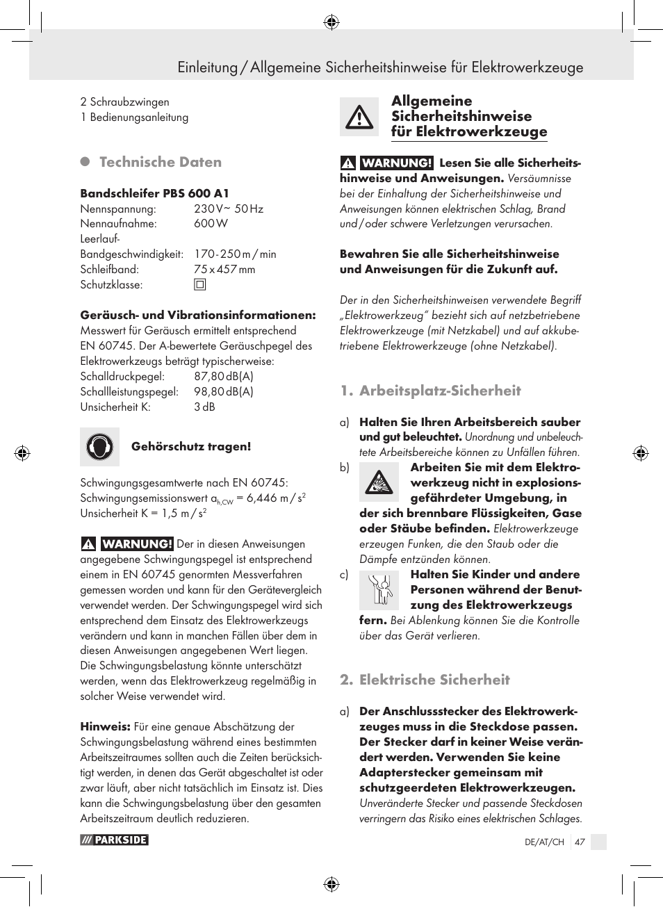 Technische daten, Arbeitsplatz-sicherheit, Elektrische sicherheit | Parkside PBS 600 A1 User Manual | Page 47 / 55