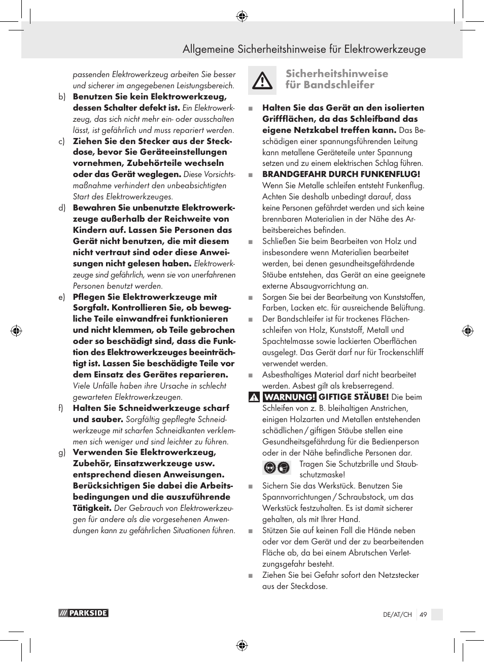 Sicherheitshinweise für bandschleifer | Parkside PBS 600 A1 User Manual | Page 49 / 55
