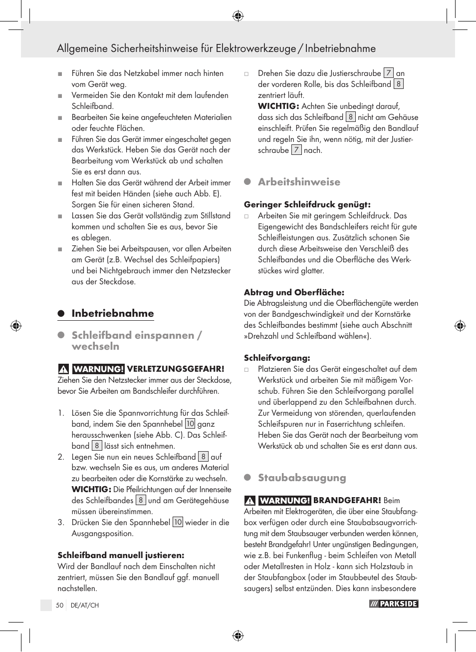 Inbetriebnahme, Schleifband einspannen / wechseln, Arbeitshinweise | Staubabsaugung | Parkside PBS 600 A1 User Manual | Page 50 / 55