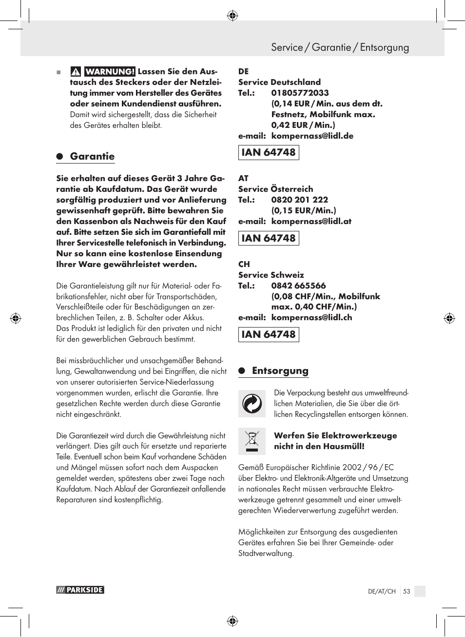 Service / garantie / entsorgung, Garantie, Entsorgung | Parkside PBS 600 A1 User Manual | Page 53 / 55