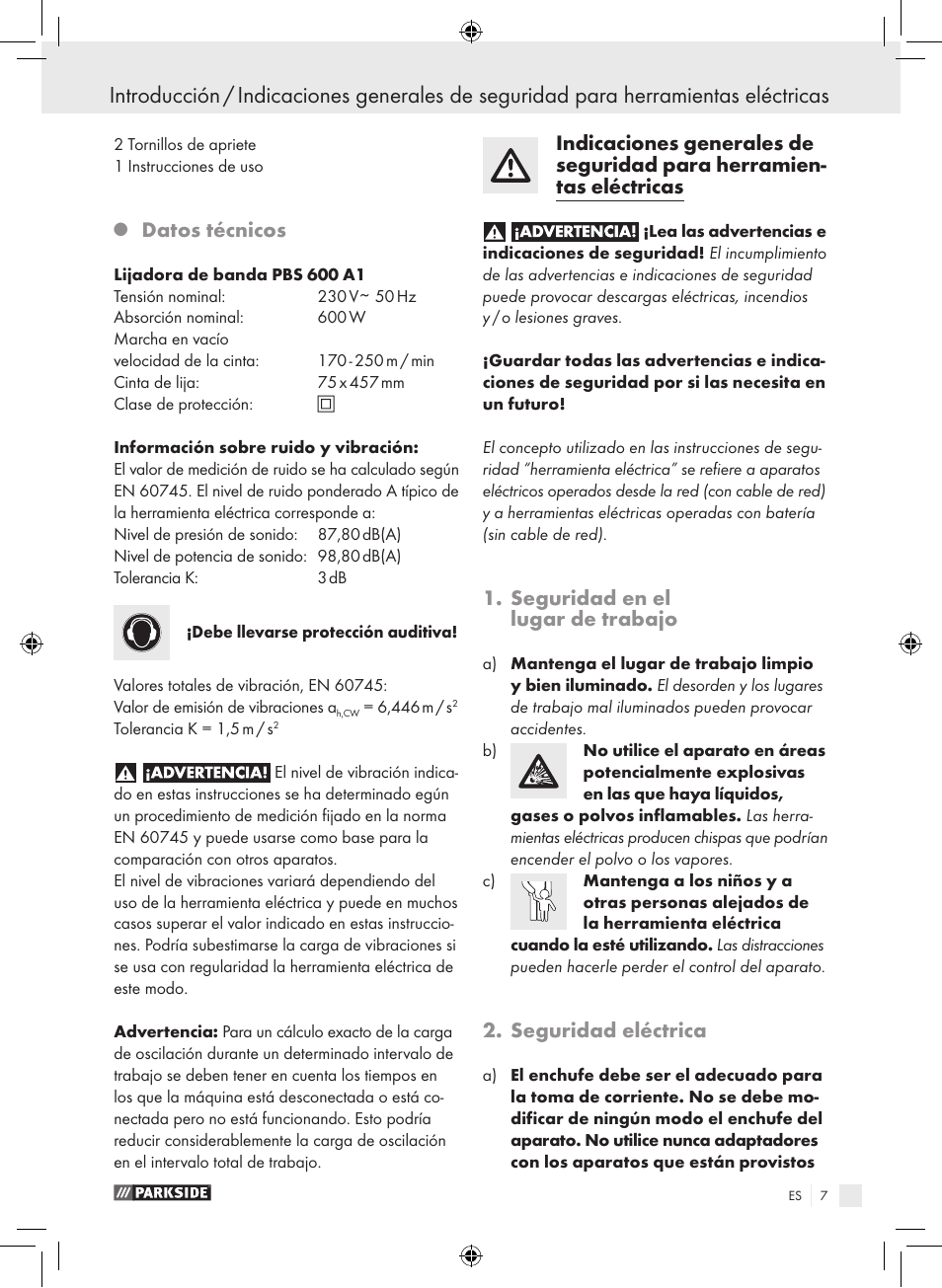 Datos técnicos, Seguridad en el lugar de trabajo, Seguridad eléctrica | Parkside PBS 600 A1 User Manual | Page 7 / 55