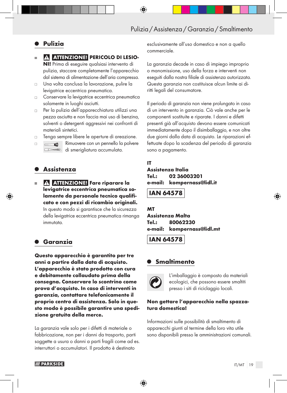 Pulizia / assistenza / garanzia / smaltimento, Pulizia, Assistenza | Garanzia, Smaltimento | Parkside PDEXS 150 A1 User Manual | Page 19 / 45