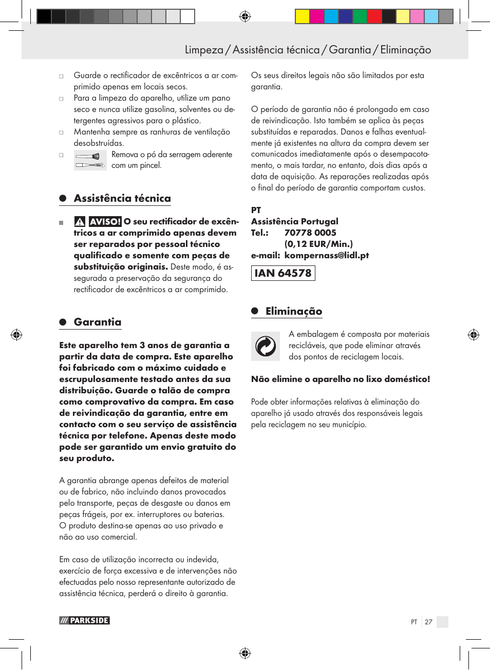 Assistência técnica, Garantia, Eliminação | Parkside PDEXS 150 A1 User Manual | Page 27 / 45