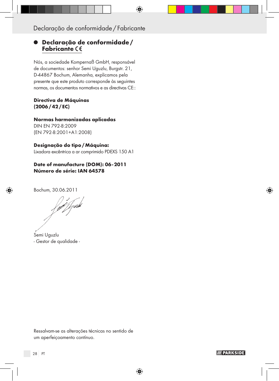 Declaração de conformidade / fabricante | Parkside PDEXS 150 A1 User Manual | Page 28 / 45