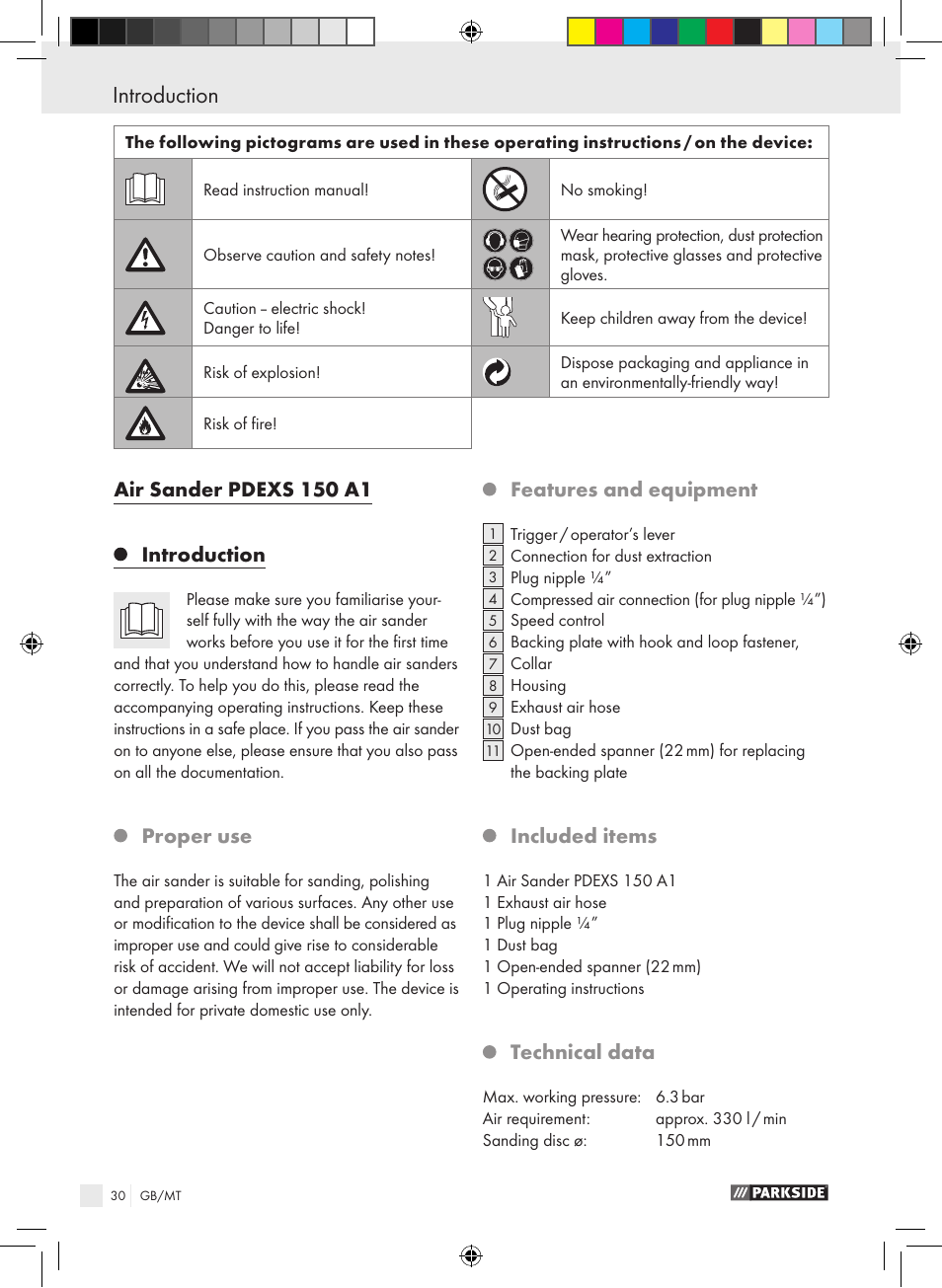 Introduction, Air sander pdexs 150 a1 introduction, Proper use | Features and equipment, Included items, Technical data | Parkside PDEXS 150 A1 User Manual | Page 30 / 45