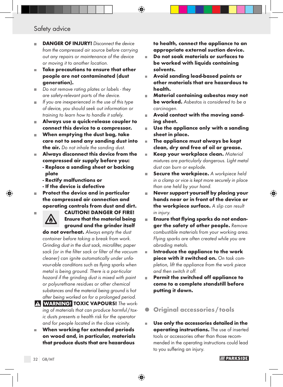 Safety advice, Original accessories / tools | Parkside PDEXS 150 A1 User Manual | Page 32 / 45