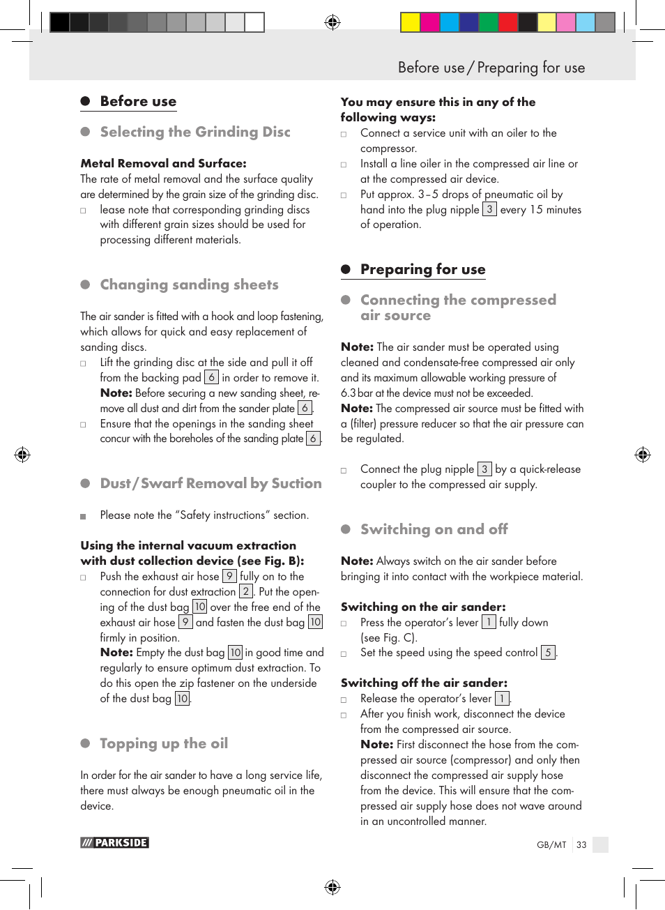 Before use / preparing for use, Before use, Selecting the grinding disc | Changing sanding sheets, Dust / swarf removal by suction, Topping up the oil, Switching on and off | Parkside PDEXS 150 A1 User Manual | Page 33 / 45