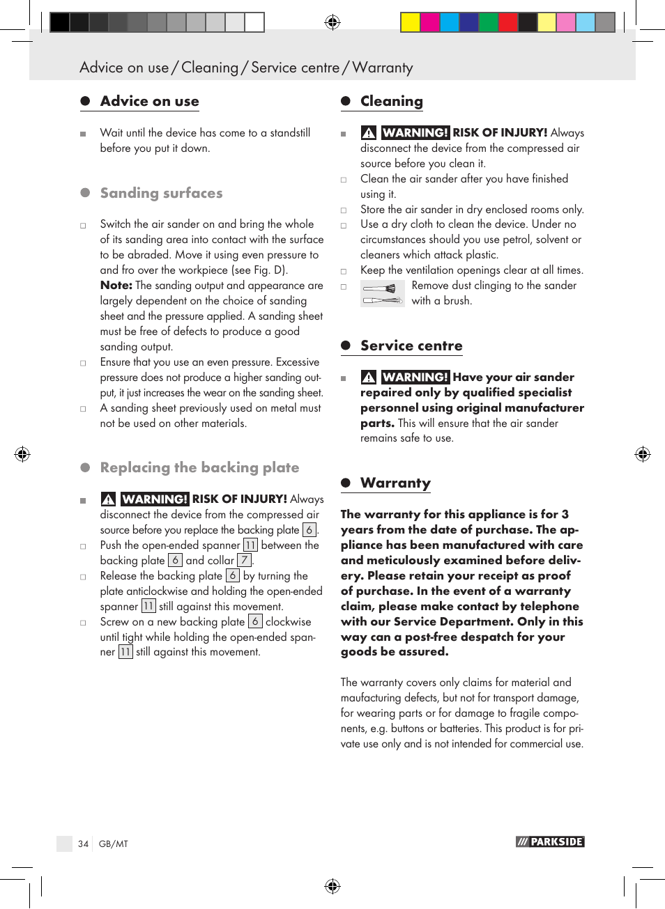 Advice on use, Sanding surfaces, Replacing the backing plate | Cleaning, Service centre, Warranty | Parkside PDEXS 150 A1 User Manual | Page 34 / 45