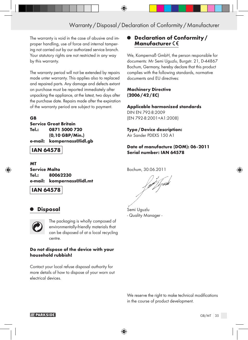Disposal, Declaration of conformity / manufacturer | Parkside PDEXS 150 A1 User Manual | Page 35 / 45