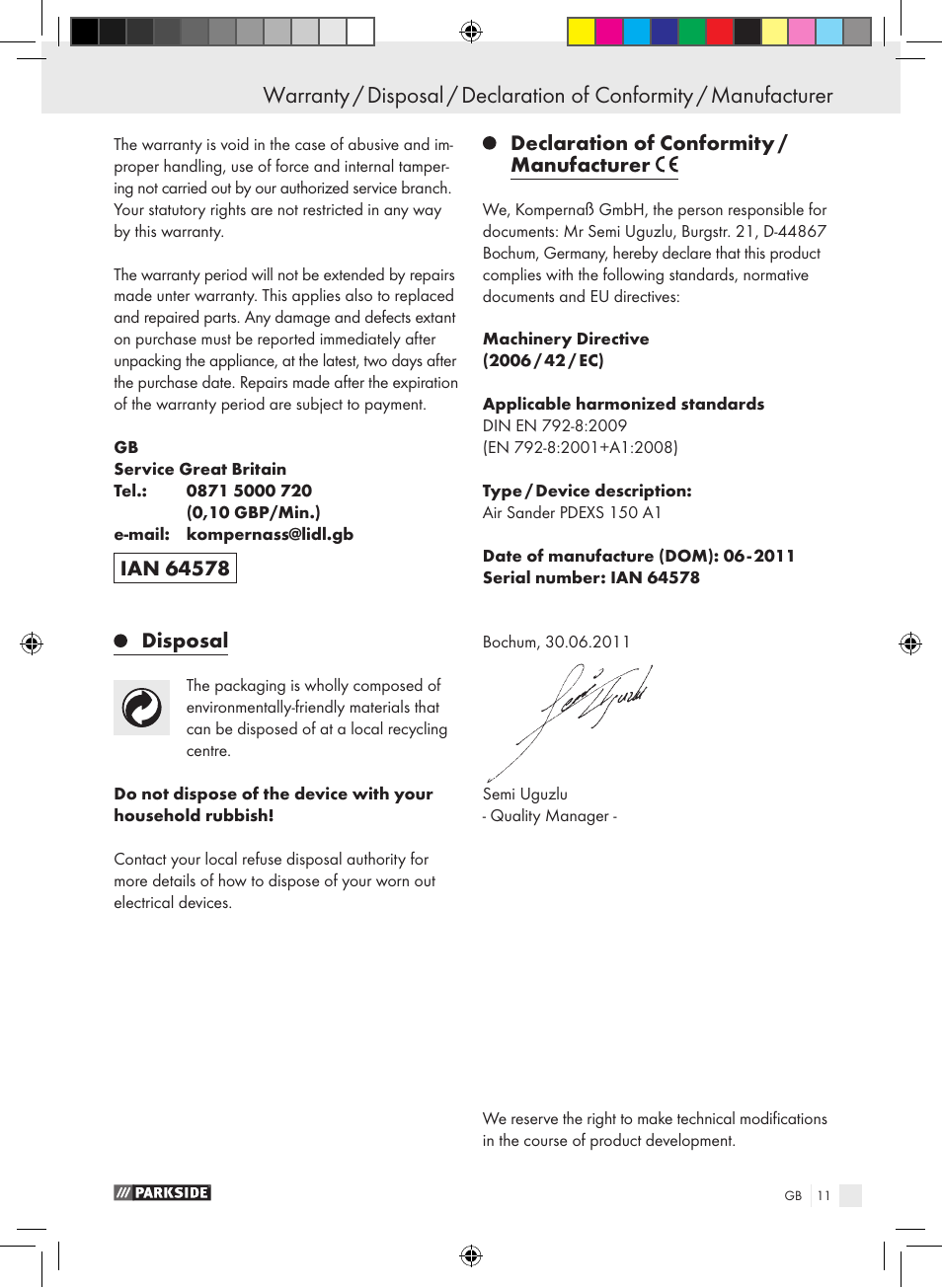 Disposal, Declaration of conformity / manufacturer | Parkside PDEXS 150 A1 User Manual | Page 11 / 61
