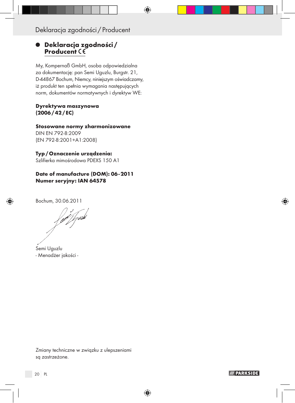 Deklaracja zgodności / producent | Parkside PDEXS 150 A1 User Manual | Page 20 / 61