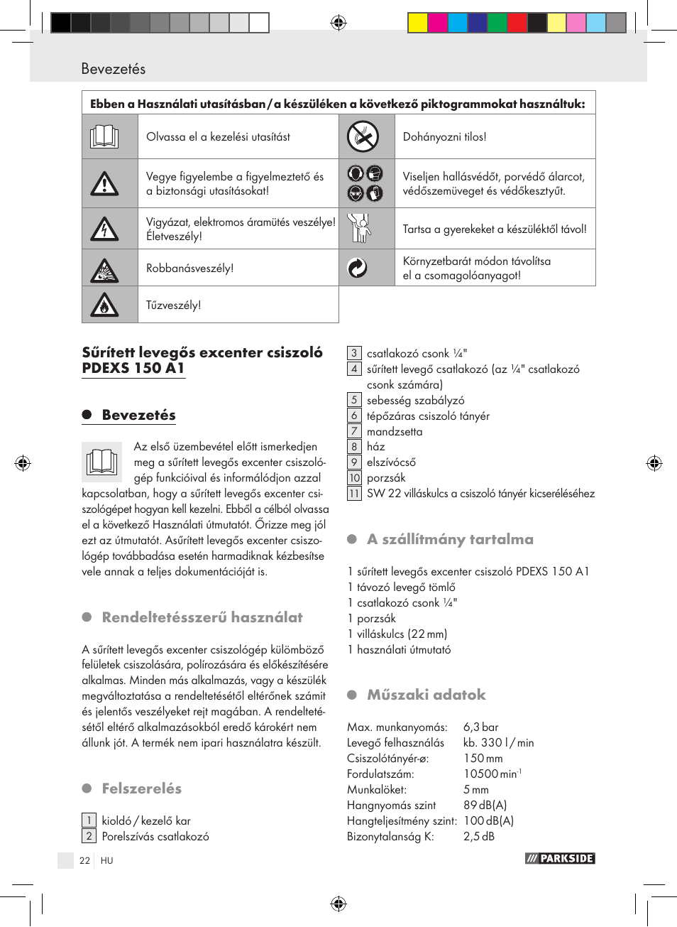 Bevezetés / biztonsági tudnivalók bevezetés, Sűrített levegős excenter csiszoló pdexs 150 a1, Bevezetés | Rendeltetésszerű használat, Felszerelés, A szállítmány tartalma, Műszaki adatok | Parkside PDEXS 150 A1 User Manual | Page 22 / 61