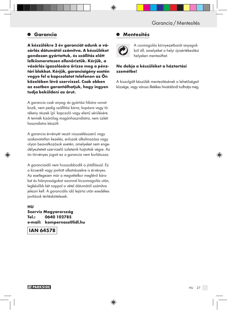 Garancia / mentesítés, Garancia, Mentesítés | Parkside PDEXS 150 A1 User Manual | Page 27 / 61