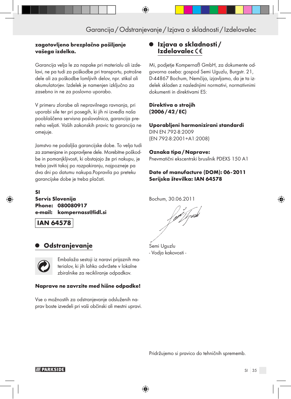 Odstranjevanje, Izjava o skladnosti / izdelovalec | Parkside PDEXS 150 A1 User Manual | Page 35 / 61