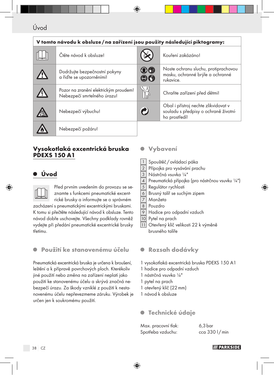 Úvod, Vysokotlaká excentrická bruska pdexs 150 a1 úvod, Použití ke stanovenému účelu | Vybavení, Rozsah dodávky, Technické údaje | Parkside PDEXS 150 A1 User Manual | Page 38 / 61
