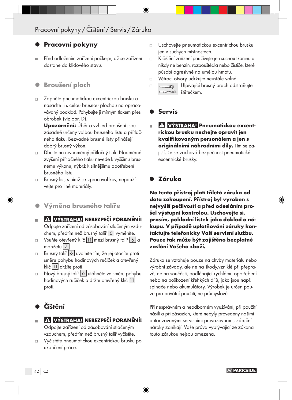 Pracovní pokyny / čištění / servis / záruka, Pracovní pokyny, Broušení ploch | Výměna brusného talíře, Čištění, Servis, Záruka | Parkside PDEXS 150 A1 User Manual | Page 42 / 61