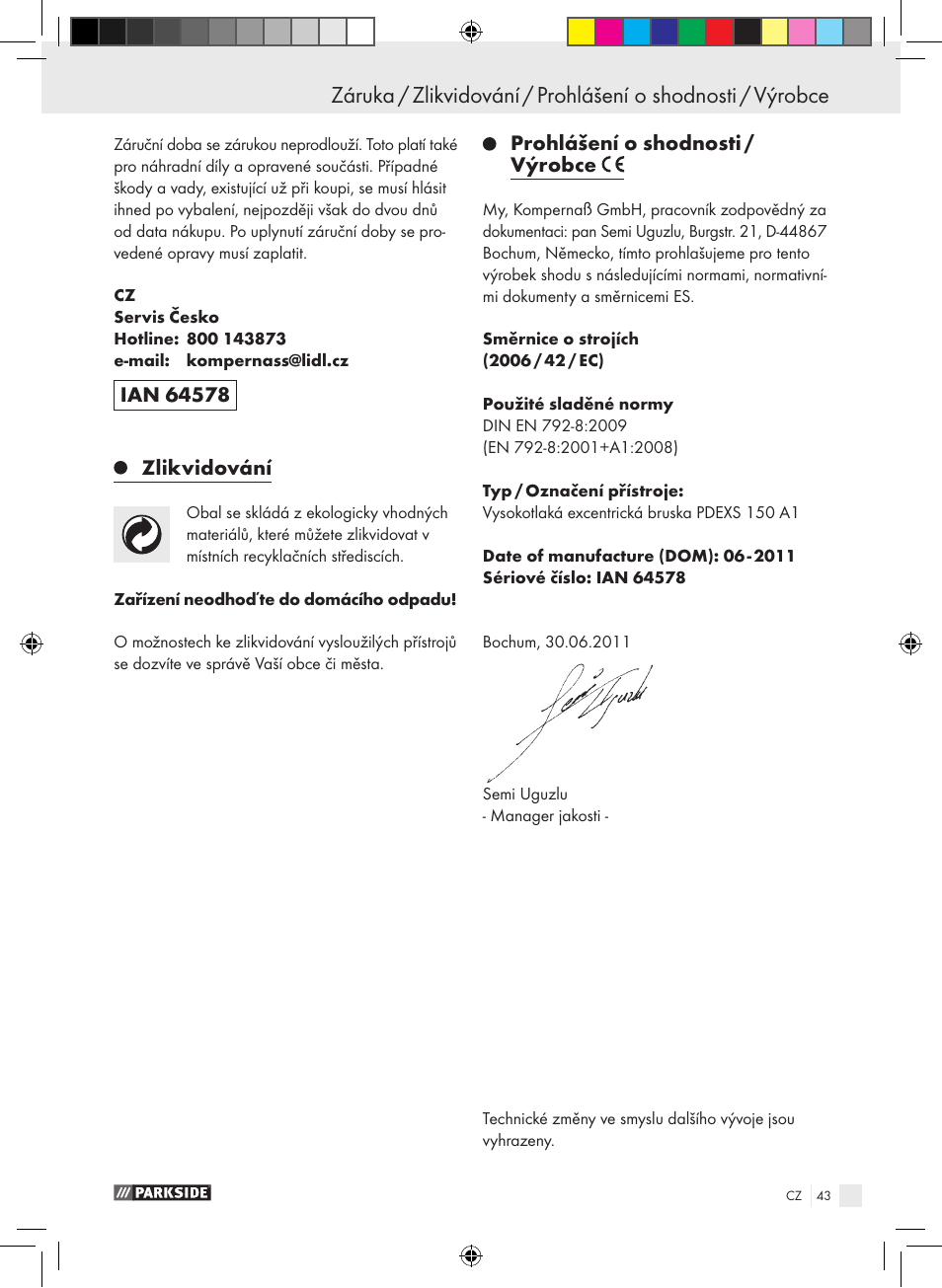 Prohlášení o shodnosti / výrobce | Parkside PDEXS 150 A1 User Manual | Page 43 / 61
