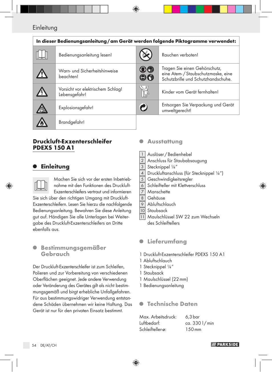 Einleitung, Druckluft-exzenterschleifer pdexs 150 a1, Bestimmungsgemäßer gebrauch | Ausstattung, Lieferumfang, Technische daten | Parkside PDEXS 150 A1 User Manual | Page 54 / 61