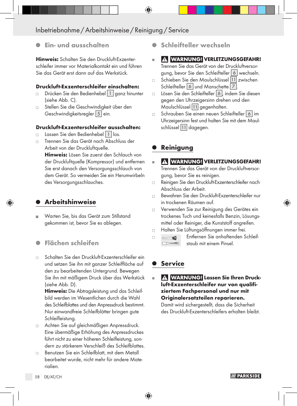 Ein- und ausschalten, Arbeitshinweise, Flächen schleifen | Schleifteller wechseln, Reinigung, Service | Parkside PDEXS 150 A1 User Manual | Page 58 / 61