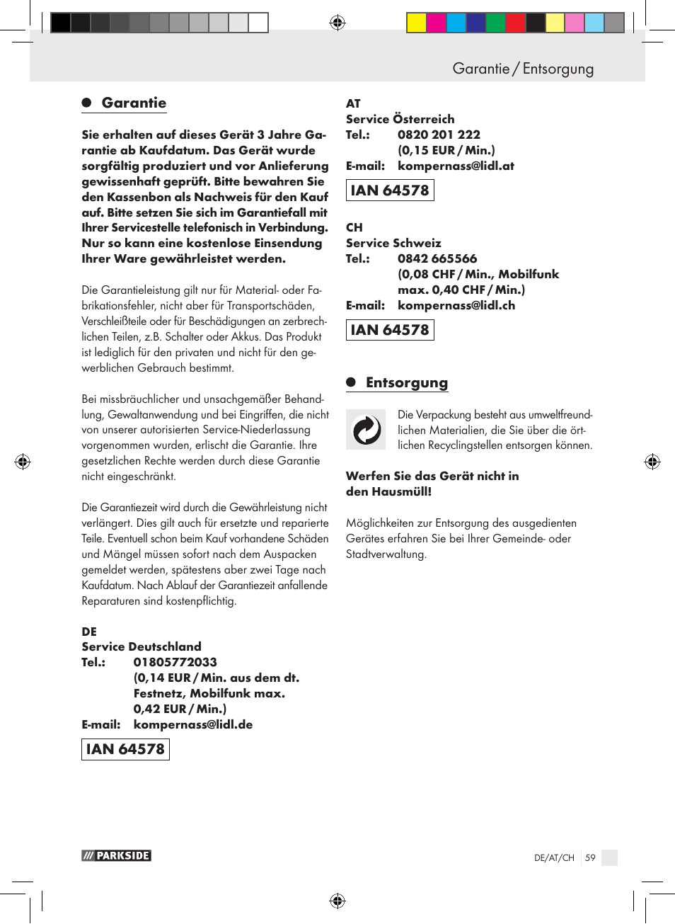 Garantie / entsorgung, Garantie, Entsorgung | Parkside PDEXS 150 A1 User Manual | Page 59 / 61