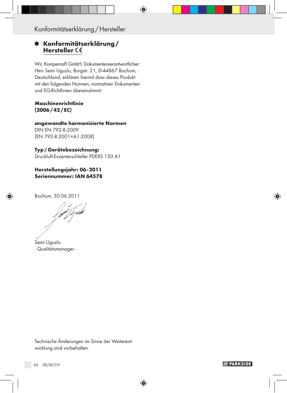 Konformitätserklärung / hersteller | Parkside PDEXS 150 A1 User Manual | Page 60 / 61