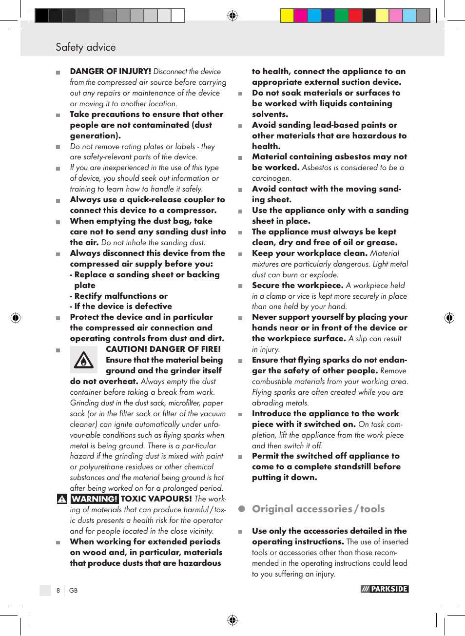 Safety advice, Original accessories / tools | Parkside PDEXS 150 A1 User Manual | Page 8 / 61