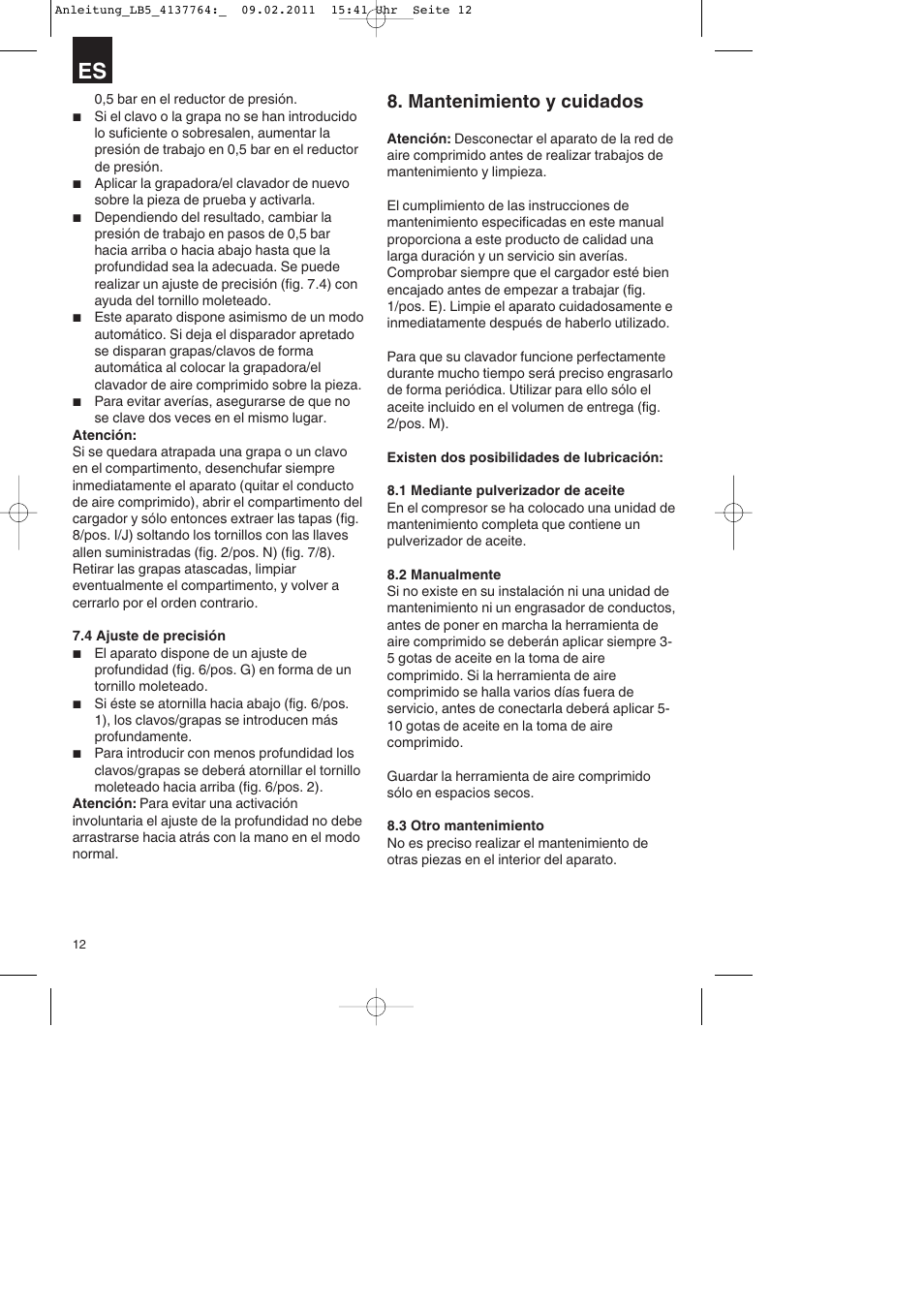 Mantenimiento y cuidados | Parkside PDT 40 A1 User Manual | Page 12 / 68