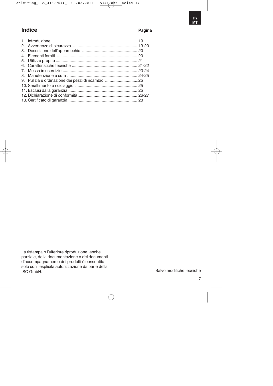 Indice | Parkside PDT 40 A1 User Manual | Page 17 / 68