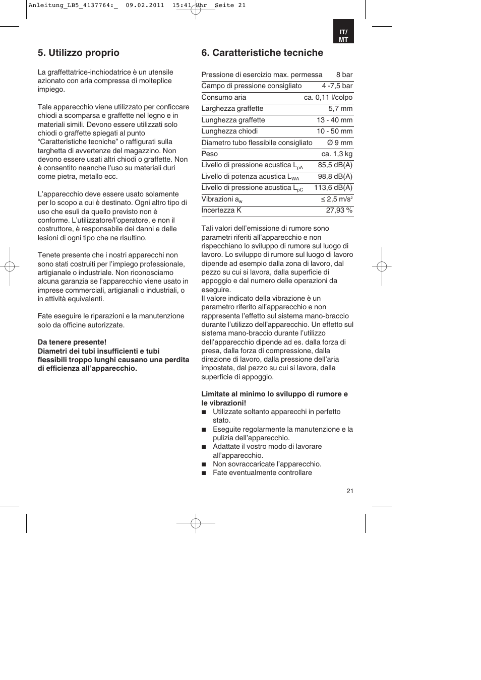 Utilizzo proprio, Caratteristiche tecniche | Parkside PDT 40 A1 User Manual | Page 21 / 68