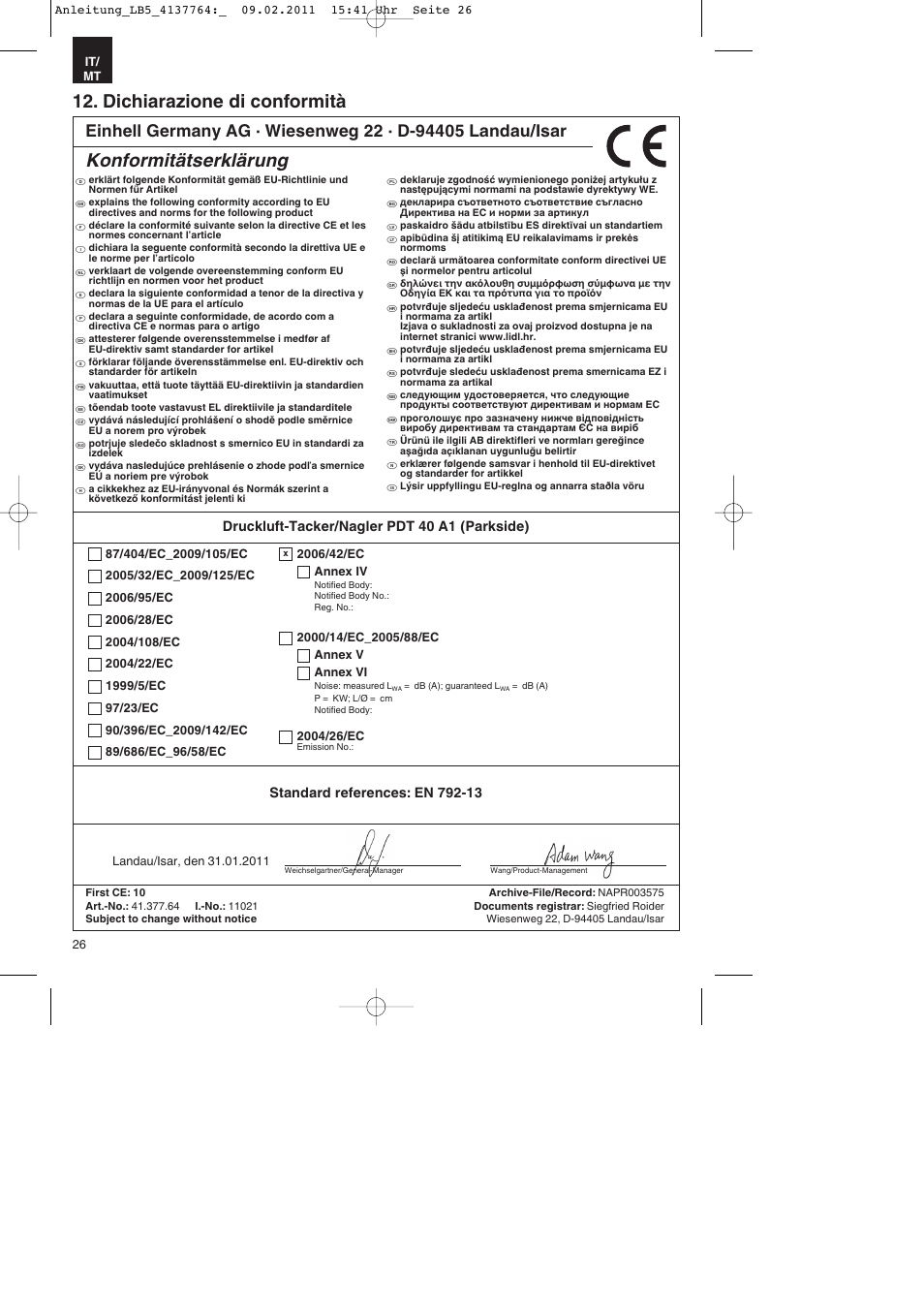 Dichiarazione di conformità, Konformitätserklärung | Parkside PDT 40 A1 User Manual | Page 26 / 68