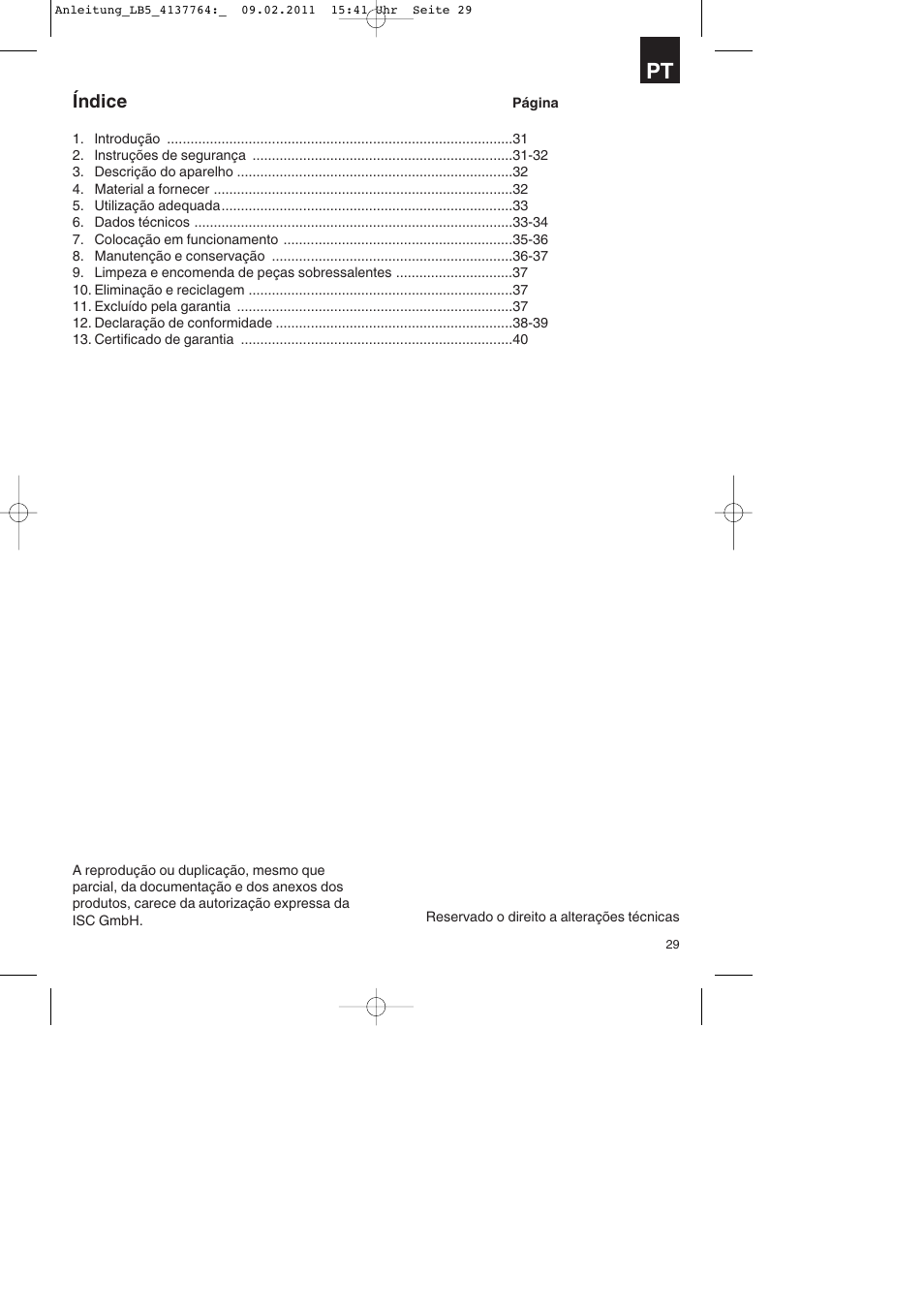 Índice | Parkside PDT 40 A1 User Manual | Page 29 / 68