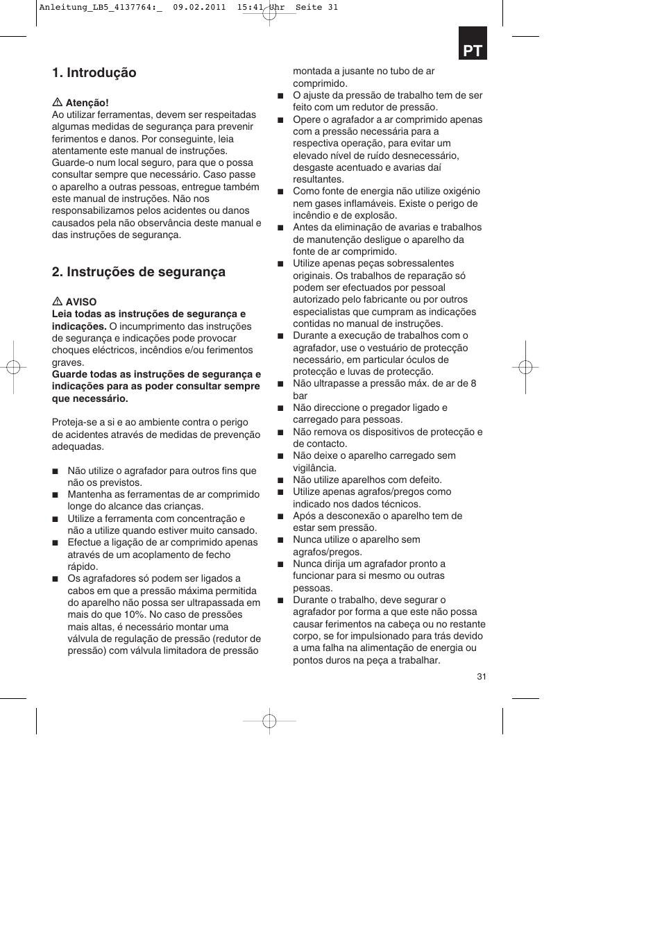 Introdução, Instruções de segurança | Parkside PDT 40 A1 User Manual | Page 31 / 68