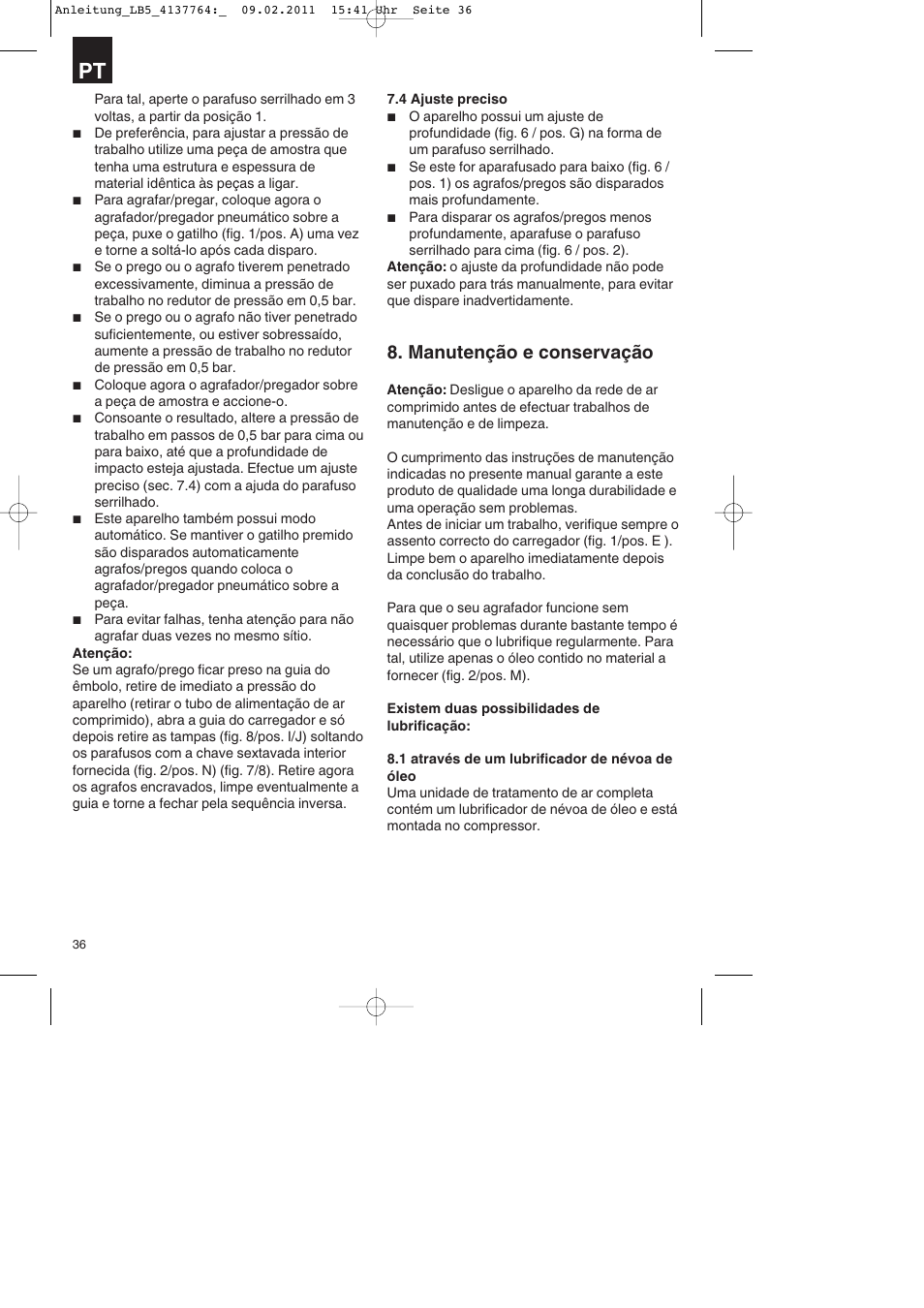 Manutenção e conservação | Parkside PDT 40 A1 User Manual | Page 36 / 68