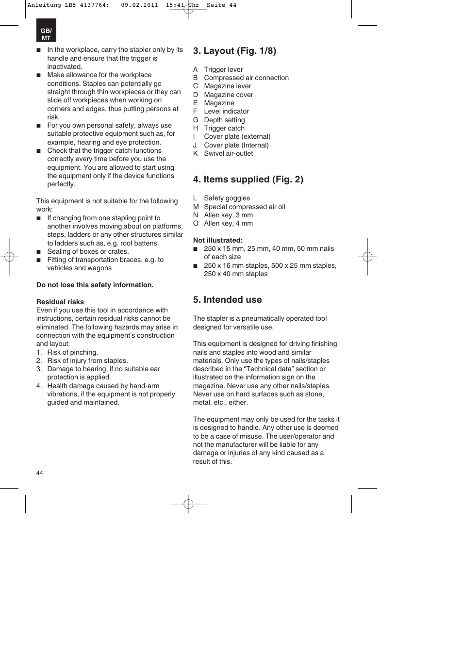 Layout (fig. 1/8), Items supplied (fig. 2), Intended use | Parkside PDT 40 A1 User Manual | Page 44 / 68