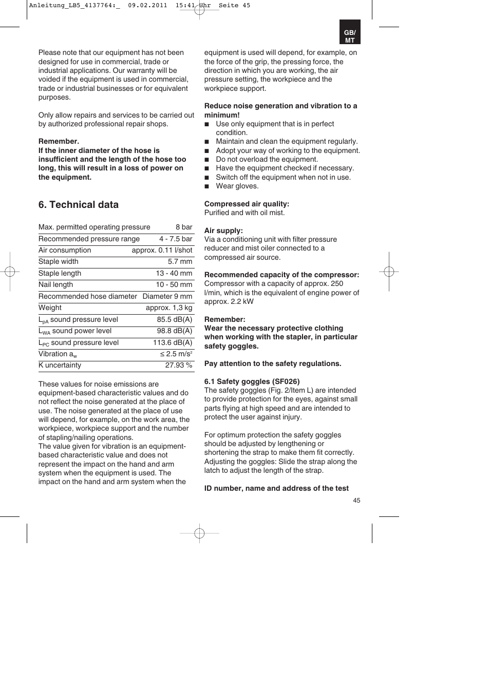 Technical data | Parkside PDT 40 A1 User Manual | Page 45 / 68